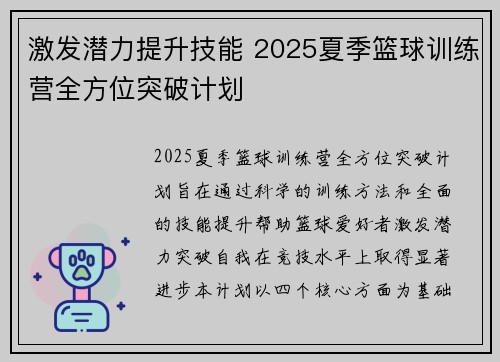 激发潜力提升技能 2025夏季篮球训练营全方位突破计划