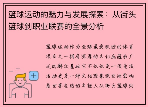 篮球运动的魅力与发展探索：从街头篮球到职业联赛的全景分析