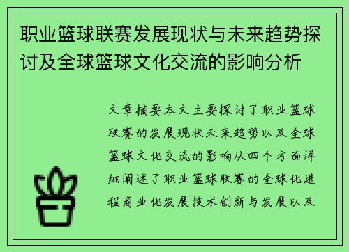 职业篮球联赛发展现状与未来趋势探讨及全球篮球文化交流的影响分析