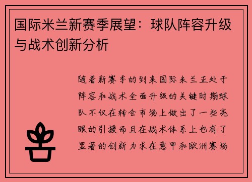 国际米兰新赛季展望：球队阵容升级与战术创新分析