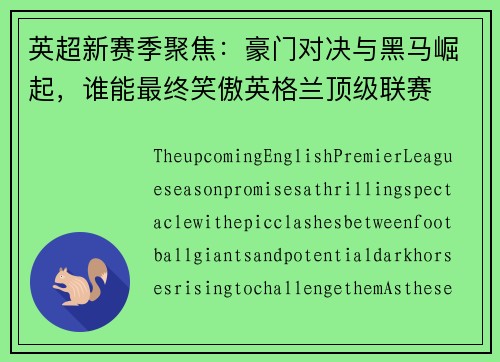 英超新赛季聚焦：豪门对决与黑马崛起，谁能最终笑傲英格兰顶级联赛