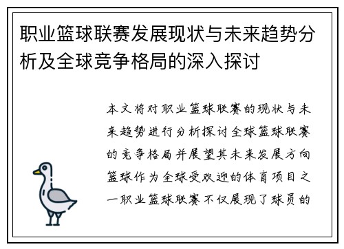 职业篮球联赛发展现状与未来趋势分析及全球竞争格局的深入探讨