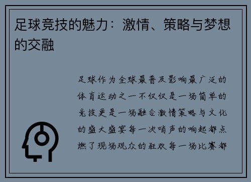 足球竞技的魅力：激情、策略与梦想的交融