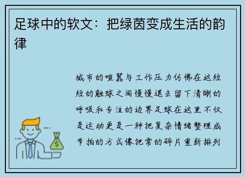足球中的软文：把绿茵变成生活的韵律