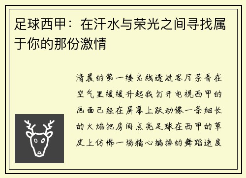 足球西甲：在汗水与荣光之间寻找属于你的那份激情