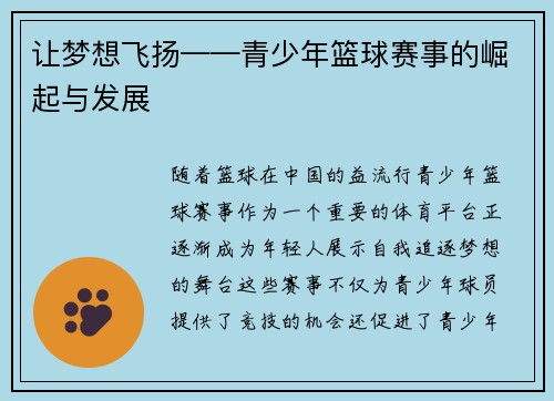 让梦想飞扬——青少年篮球赛事的崛起与发展