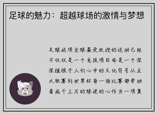 足球的魅力：超越球场的激情与梦想